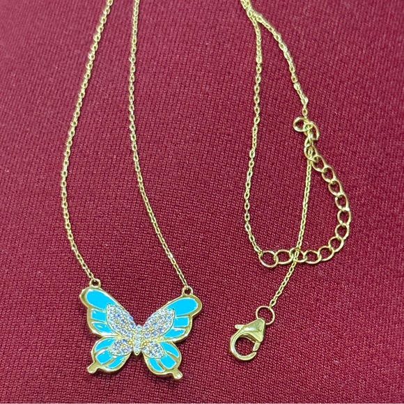 Amethyst Cubic Zirconia, 14k Gold Plated  Blue Enamel Butterfly Pendant Necklace - Picture 4 of 5
